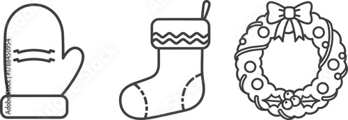 Festive christmas mitten, stocking, and wreath featuring a simple outline style for holiday season celebrations