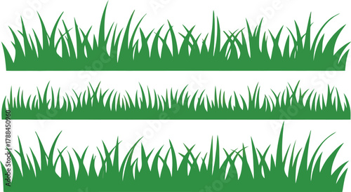 Three horizontal rows of green grass silhouettes on a white background