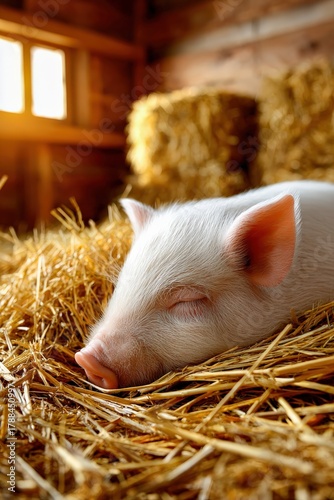 Fluffy baby pig resting peacefully on soft straw in a warm barn