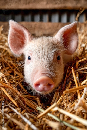 Fluffy baby pig rests comfortably in warm straw on a sunny day