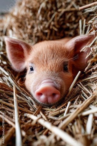Fluffy baby pig resting peacefully in a cozy bed of straw