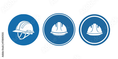 Three blue oval safety signs depicting white hard hats for head protection in construction and industrial settings
