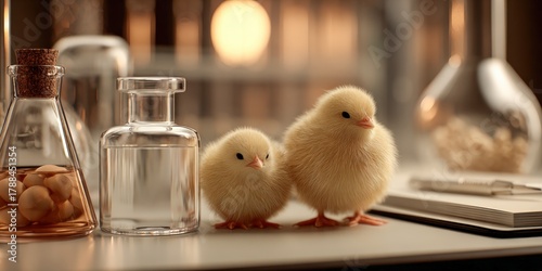 Fluffy chicks exploring a bio research lab during daylight hours