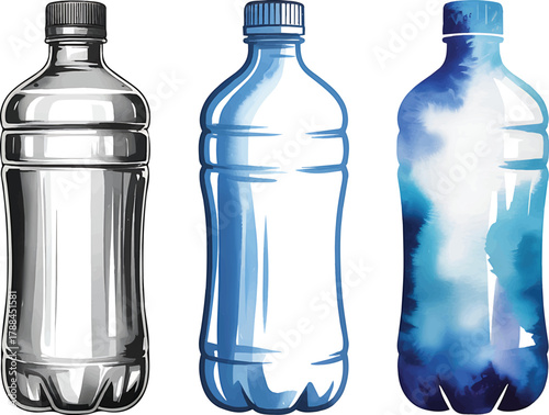 Three stylized water bottles in varying shades of blue and silver
