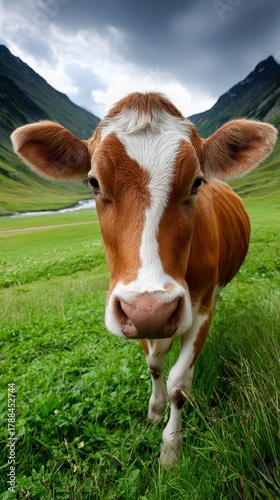 Brown cow grazing in a lush green valley surrounded by mountains