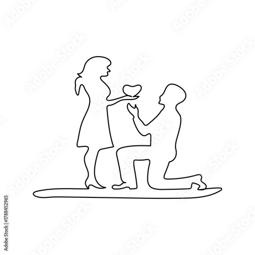 Couple in love in continuous line art drawing style. Loving man and woman standing facing each The guy makes a marriage proposal to his girlfriend