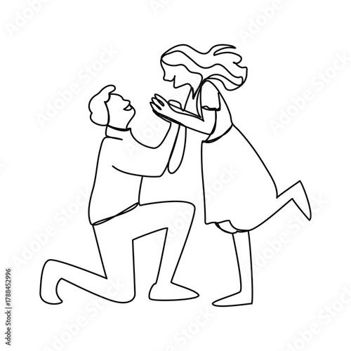 Couple in love in continuous line art drawing style. Loving man and woman standing facing each The guy makes a marriage proposal to his girlfriend