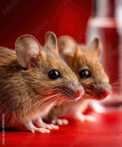 Mice resting beside a glass of water on a vibrant red background