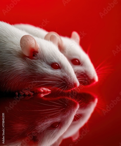 White mice resting on a smooth surface with a red background in soft light