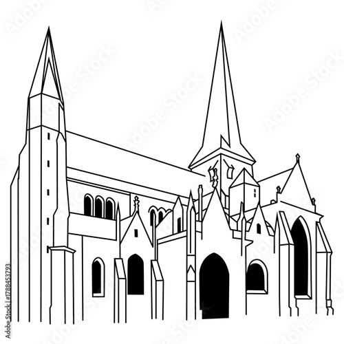 Croquis minimaliste de cathédrale française — Dessin au trait noir et blanc