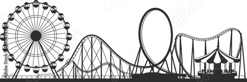 Amusement park silhouette, Ferris wheel, roller coaster loops, carousel ride, night theme, blue outline, thrilling rides, family fun, entertainment zone, theme park illustration