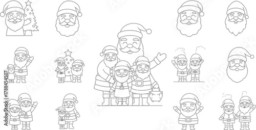 Collection of santa claus illustrations, showcasing various poses and expressions for christmasthemed designs and holiday projects
