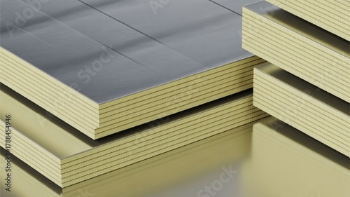 Background of isowall or sandwich panel, prefabricated insulation sheets with visible layers, featuring temperature control properties, industrial and construction