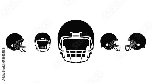 A series of black and white american football helmets shown in different views