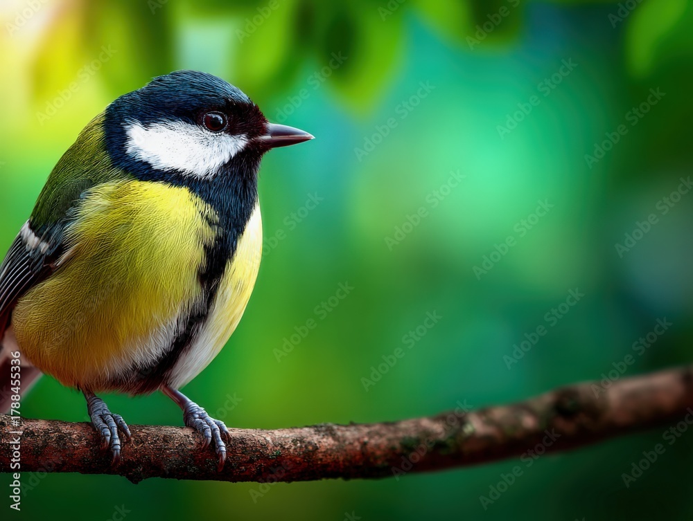 Fototapeta premium Great tit bird perched calmly on a branch in a serene forest setting