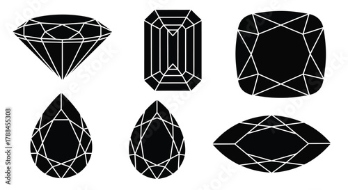 Black and white illustration of various geometric diamond cut shapes