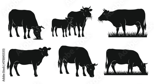 Silhouette collection of cows in various poses against a white background