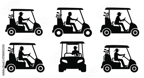 Black silhouette icons depicting people driving golf carts in various positions