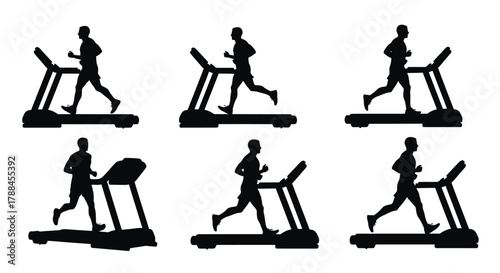 Silhouettes of people running on treadmills showcasing different phases of exercise