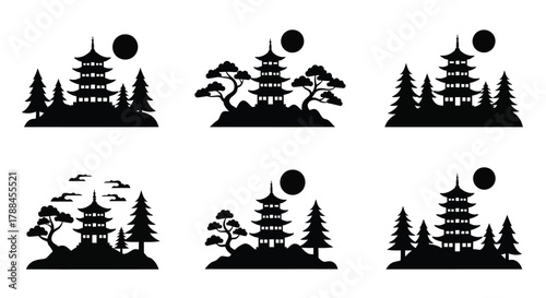 Stylized silhouettes of asian pagodas with trees and sun or moon elements
