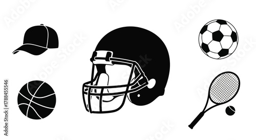 A collection of sporting equipment including a cap helmet and various balls