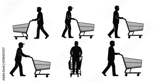 Silhouettes of people pushing shopping carts in a minimalist black and white style