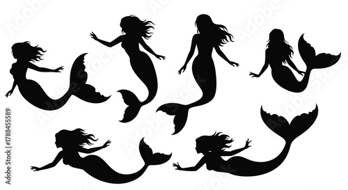 Silhouettes of graceful mermaids swimming and playfully interacting in the ocean