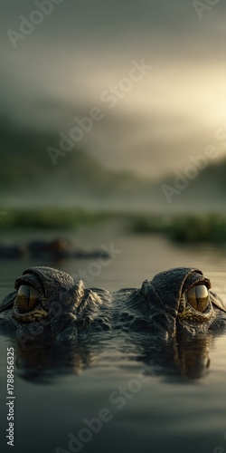 Two crocodile eyes peeking above calm water at dawn in misty landscape