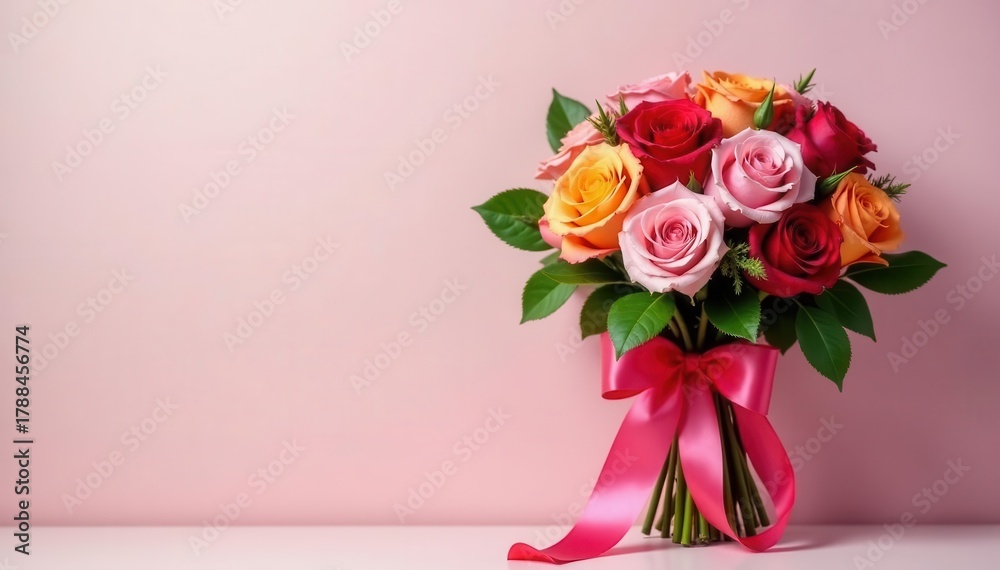 Fototapeta premium Elegant ribbon-tied rose bouquet, vibrant blooms, vivid, romance, design