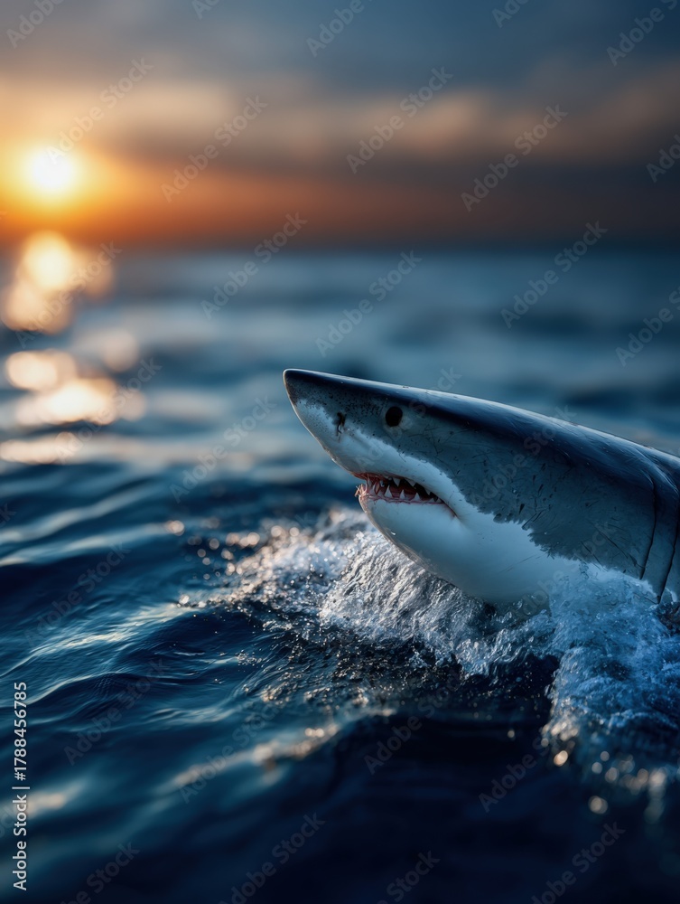 Fototapeta premium Majestic shark emerging from ocean at sunset in tranquil waters
