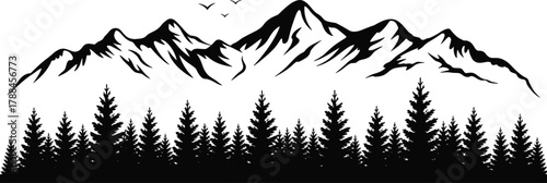 Silhouette forest landscape, mountain peaks, flying birds, pine trees, nature scene, black and white, wilderness view, outdoor adventure, scenic background, tranquil environment, dramatic contrast**