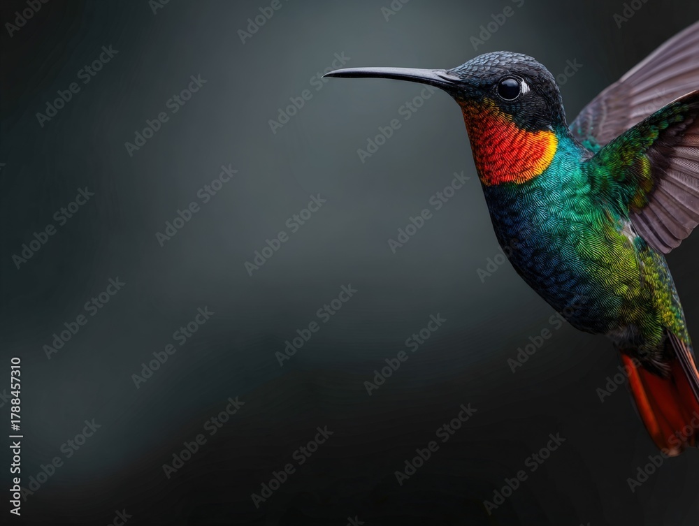 Obraz premium Colorful hummingbird in mid-flight against a dark background
