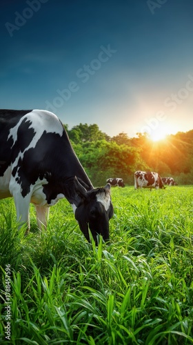 Cows grazing in a lush green field during a sunset