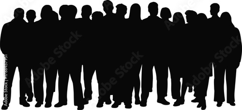 Silhouette, group, people, crowd, unity, teamwork, diversity, community, togetherness, anonymous, standing, black, white, background, posture, mix, formal, casual
