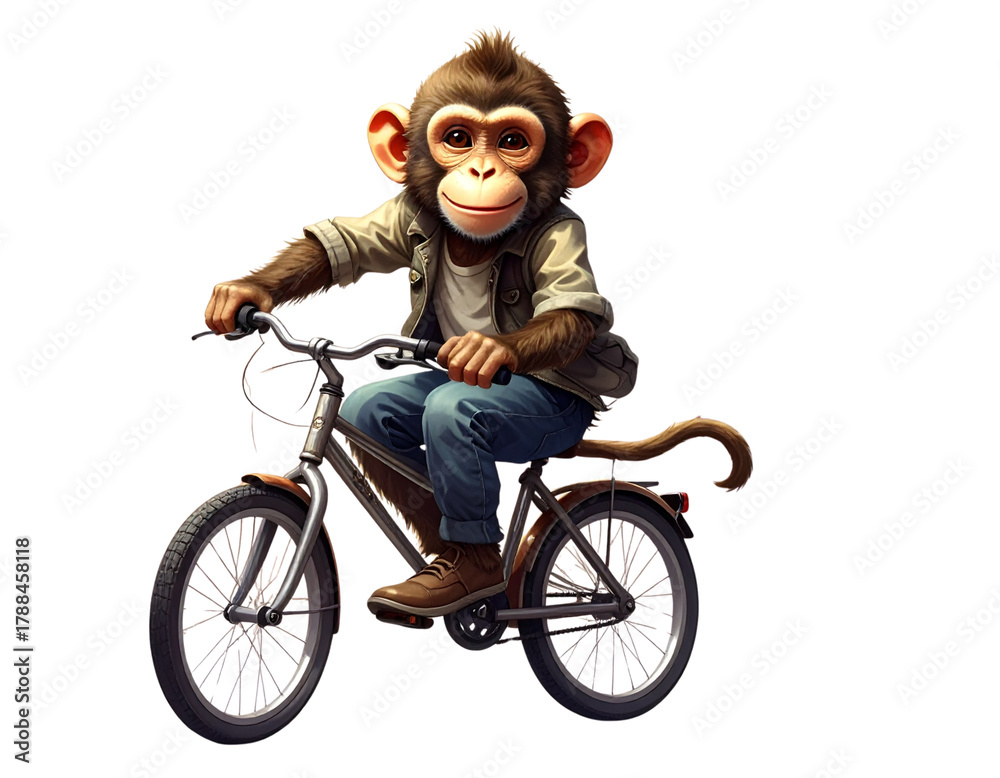 Fototapeta premium Stylized Monkey in Outfit Cycling on City Street, Creative Concept Art