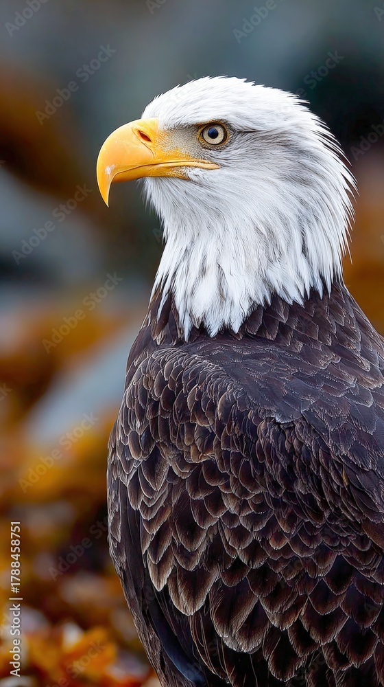 Obraz premium Bald eagle scans the ocean from a rocky shoreline at dawn