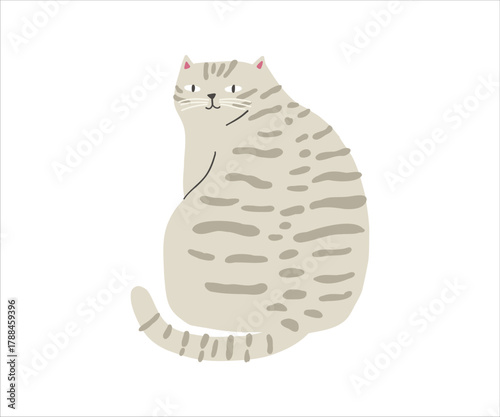 Cute white tabby cat cartoon flat illustration. Kids vector flat illustration isolated on white background