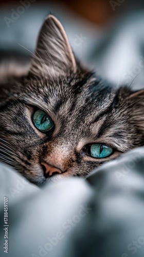 Intimate close-up of a cat resting on a soft blanket in warm light