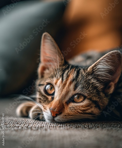 Cozy cat lying on a soft surface at home in warm afternoon light