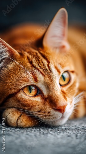 Soft orange cat lying on a cozy surface in warm light