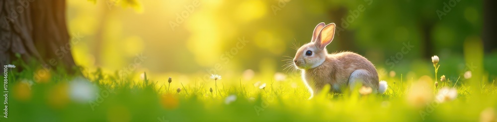 Fototapeta premium Fluffy bunnies graze freely in a sun-dappled meadow , joyful, dwarf rabbit