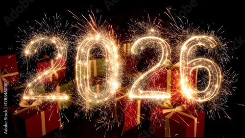 Festive fireworks illuminate 2026 with sparkling celebration and vibrant gift decor, theme of new year and christmas