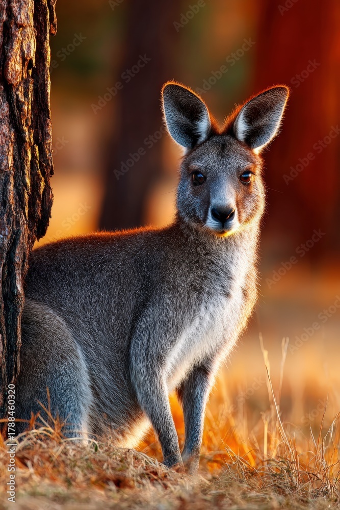 Fototapeta premium Kangaroo resting in the golden savannah under warm cinematic sunlight