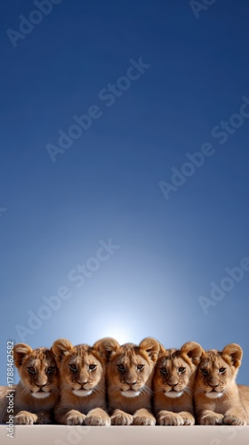 Four lion cubs peeking over a ledge under a clear blue sky at sunset