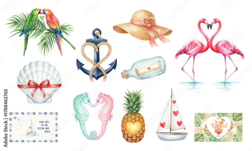 Fototapeta premium Watercolor Tropical Love and Summer Vacation Clipart Collection
