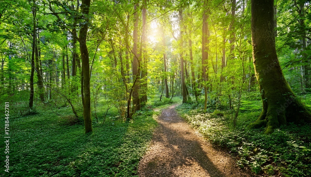 Fototapeta premium sunlit forest path lush green canopy and bright sunlight