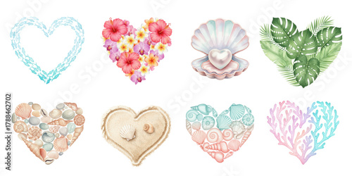 Watercolor Set of Tropical Summer Hearts Made of Natural Elements