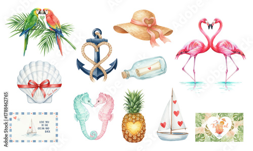 Watercolor Tropical Love and Summer Vacation Clipart Collection