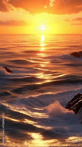 Dramatic ocean waves crash against rocks at golden sunset creating captivating seascape, theme of sea, sky and landscape