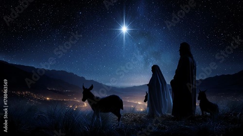 Wallpaper Mural Nativity scene, Christian Christmas concept, Birth of Jesus Christ. Family with holy child in barn in dark blue night. Torontodigital.ca